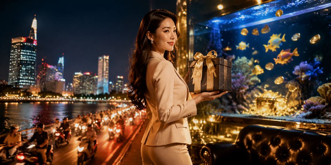 Không gian casino sôi động về đêm tại Hồ Chí Minh với đèn neon rực rỡ